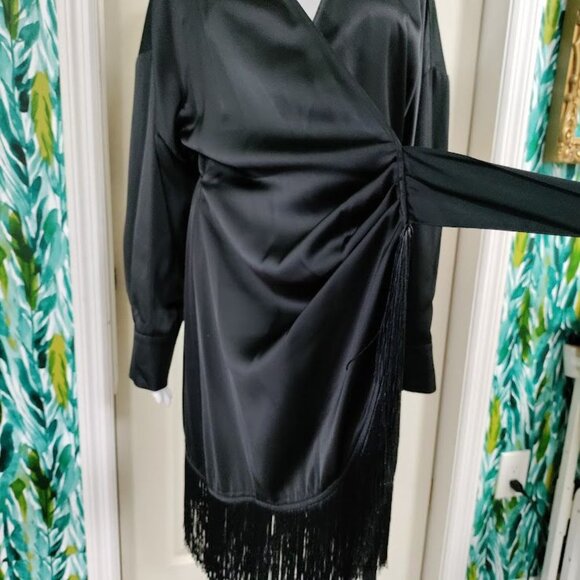 H&M Fringe-Trimmed Satin Surplice Whimsy Boho Festival Wrap Dress Black Medium - Picture 5 of 11
